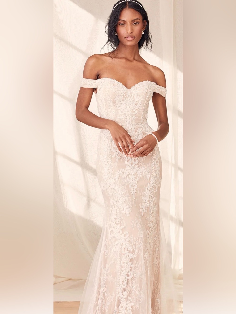 Lulus Promised Love White Beaded Lace Off-the-Shoulder Maxi Dress Size 2